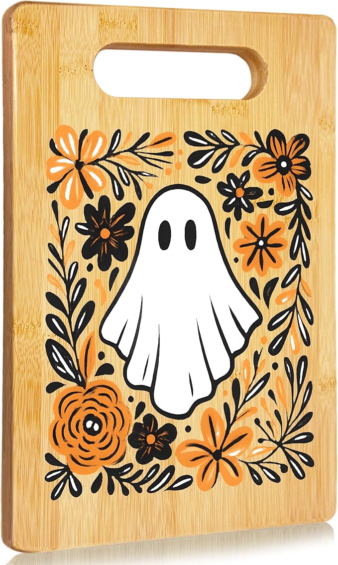 SPBL&L Boho Fall Floral Halloween Ghost Cutting Board, Halloween Gifts for Women, fall kitchen decor, Flower Ghost Decorative Bamboo Cutting Chopping Board for Kitchen
