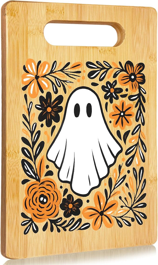 SPBL&L Boho Fall Floral Halloween Ghost Cutting Board, Halloween Gifts for Women, fall kitchen decor, Flower Ghost Decorative Bamboo Cutting Chopping Board for Kitchen