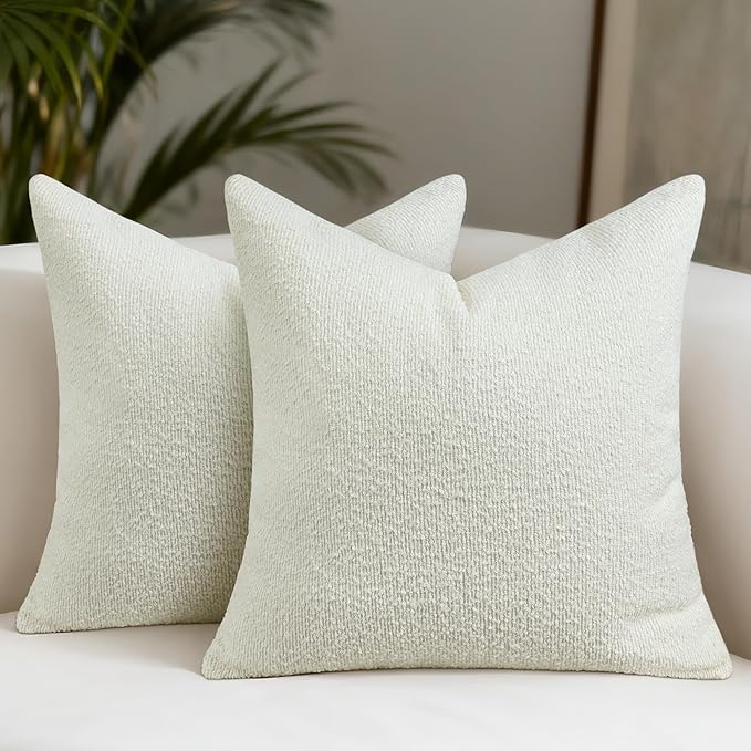 Textured Boucle Pillow Covers 18x18 Inch Set of 2, Striped Solid Pillowcases Cozy Soft Modern Accent Boho Square Decorative Throw Pillows for Couch Sofa Bed Living Room Home Decor, Beige