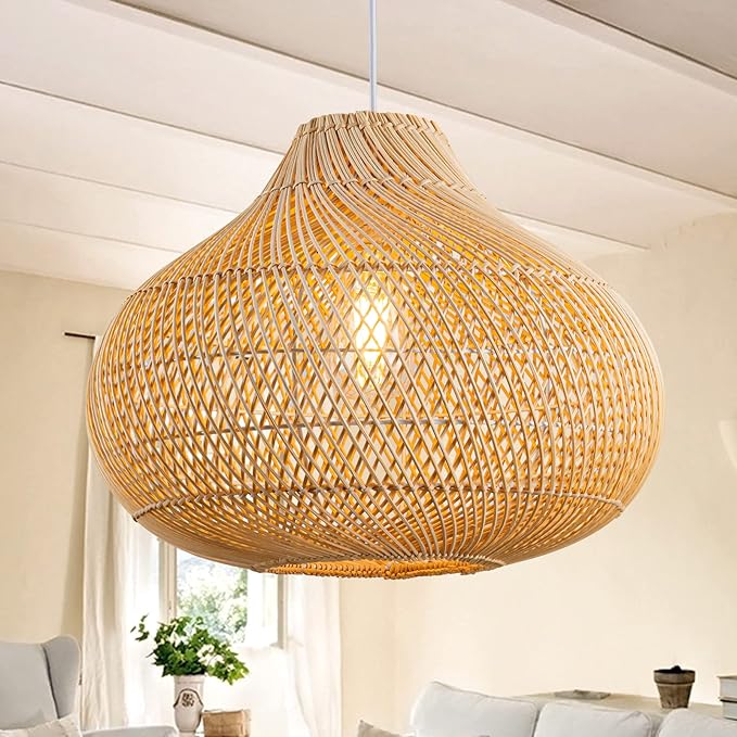 Rattan Pendant Lights, 16.5" Wicker Chandelier Hand-Woven Boho Pendant Light Rattan Basket Hanging Light for Dining Room Kitchen Island Living Room