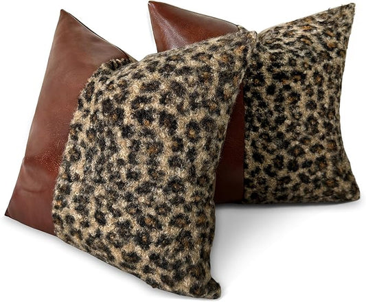 Cheetah Pillow Covers 18x18 Set of 2, Brown Faux Leather & Leopard Print Boucle Accent Throw Pillow Cover, Decorative Farmhouse Pillowcases Cushion Cover Couch Sofa Bed Livingroom Home Decor