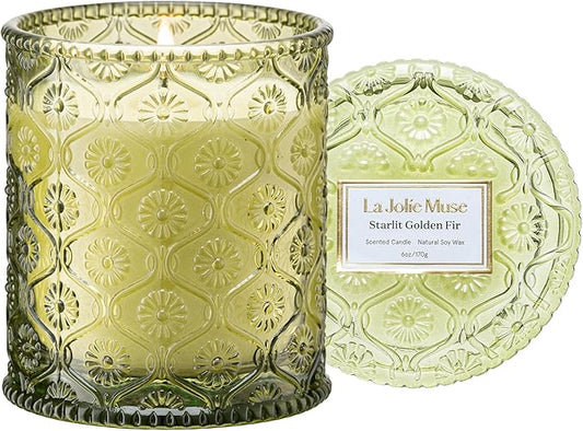 LA JOLIE MUSE Starlit Golden Fir Scented Candle | Cedarwood, Patchouli & Fir Balsam | 6 oz Soy Wax | 40 Hours Clean Burn | Fresh Scent Candles for Home | Gift-Ready for Hosts & Gatherings