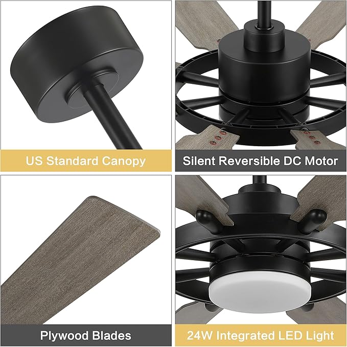ELEHINSER 80 Inch Ceiling Fan with Lights and 3 Downrods, 8 Plywood Blades, 6-Speed Noiseless Reversible DC Motor, 3CCT, Windmill Ceiling fan for Kitchen Bedroom Living Room, Black and Grey