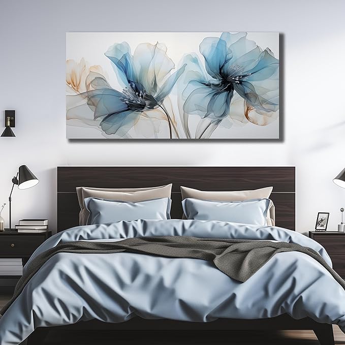 Blue Flower Wall Decor for Living Room Abstract Canvas Wall Art for Office Large Wall Pictures for Dining Room Size 29 x 58 Inch