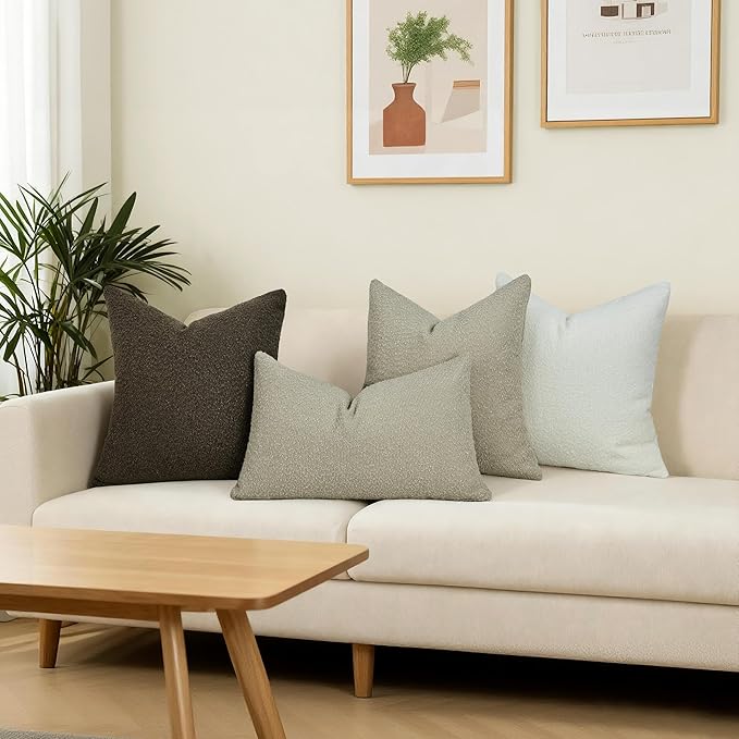 Textured Boucle Pillow Covers 18x18 Inch Set of 2, Striped Solid Pillowcases Cozy Soft Modern Accent Boho Square Decorative Throw Pillows for Couch Sofa Bed Living Room Home Decor, Oatmeal