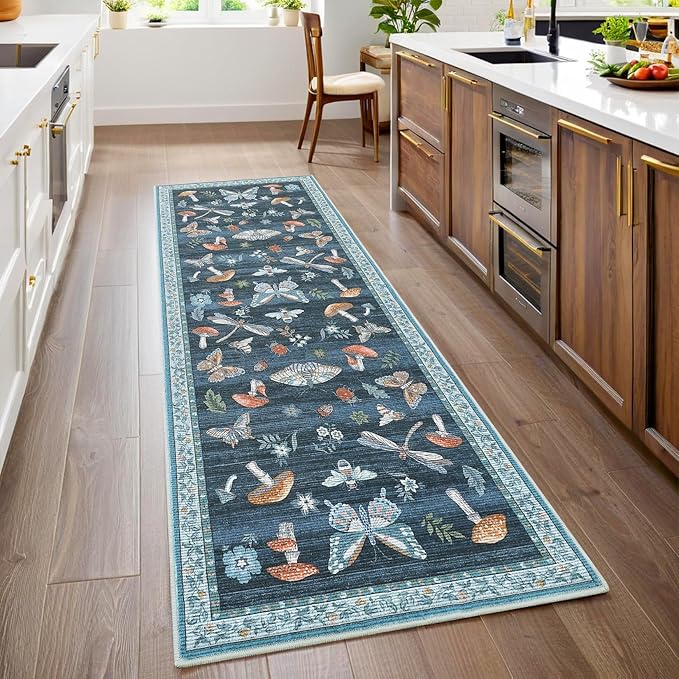 Mushroom Insect Rug 2x6 Runners for Hallways, Boho Kitchen Runner Rugs Non Slip Bath, Modern Washable Rug for Bedroom, Soft Long Rugs for Entryway Bathroom Laundry Dorm, Blue