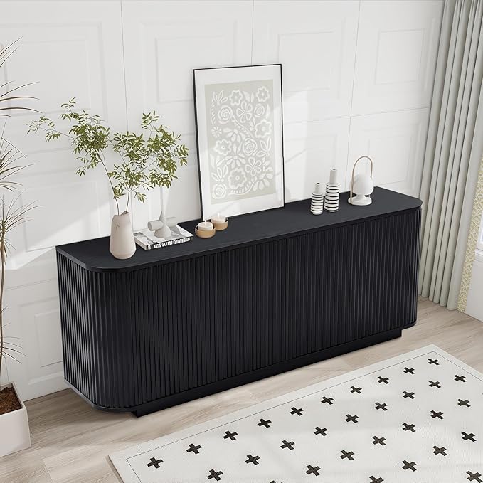 64" Buffet Sideboard Cabinet with Storage, Modern Fluted Accent Credenza with Adjustable Shelves, Wood Coffee Bar Console Table for Living Room Kitchen Dining Room Hallway, Black