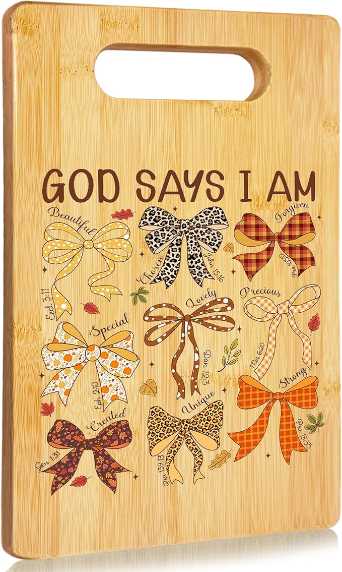 SPBL&L God Says I Am Christian Fall Cutting Board, Christian Kitchen Decor, Coquette Bow Autumn Thanksgiving Decorative Bamboo Cutting Chopping Board for Kitchen