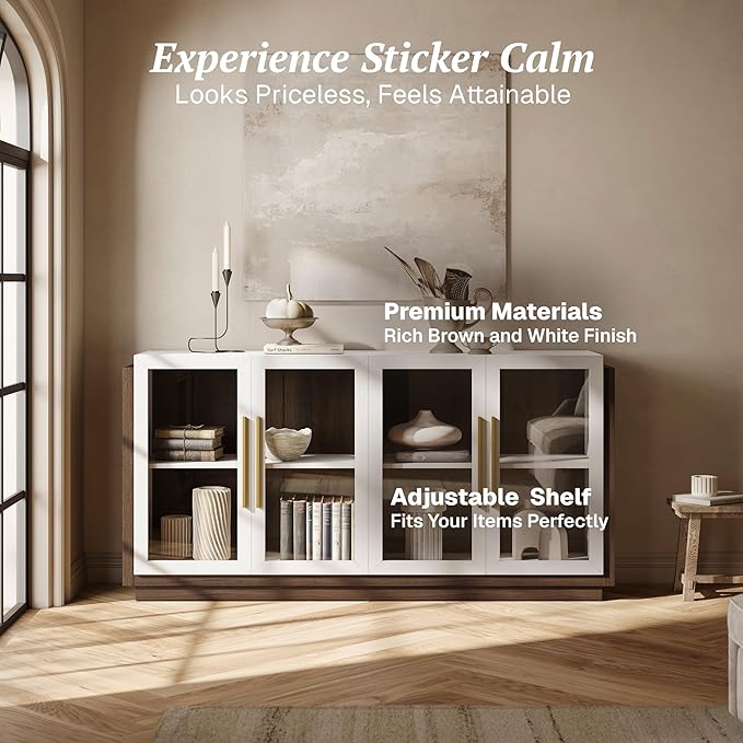 BELLEZE Sideboard Buffet Cabinet, Modern Wood Glass-Buffet-Sideboard with Storage, Console Table for Kitchen, Dining Room, Living Room, Hallway, or Entrance - Brixston (White)