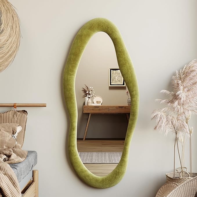 Honyee 55" x 24" Wavy Mirror, Flannel Wrapped Wooden Frame, Irregular Hanging for Cloakroom/Bedroom/Living Room, Green