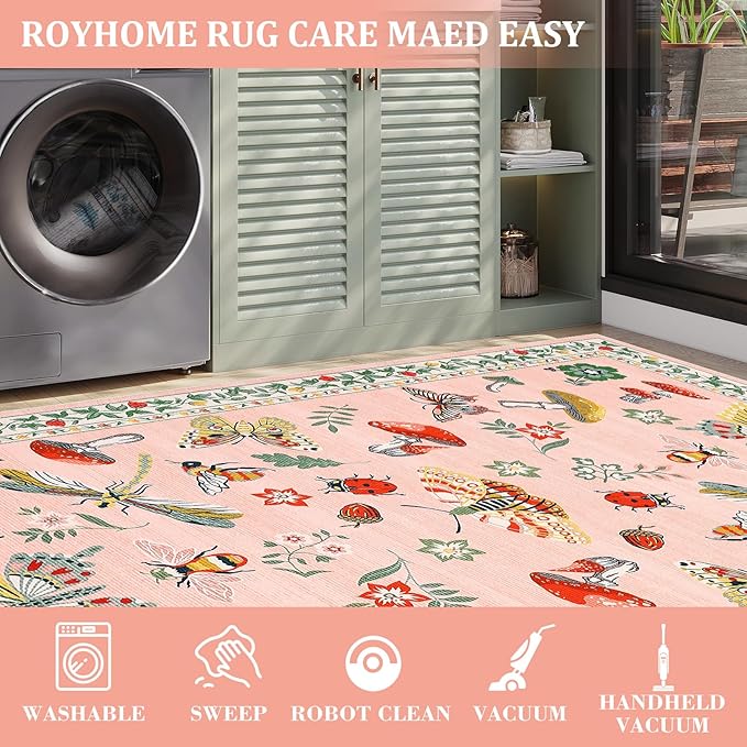 Mushroom Insect Washable Rug 5x7 Area Rugs for Bedroom Non Slip with Rubber Back Low Pile Stain Resistant Modern Butterfly Carpet for Living Room Nursery Kitchen Dining Room Light Pink