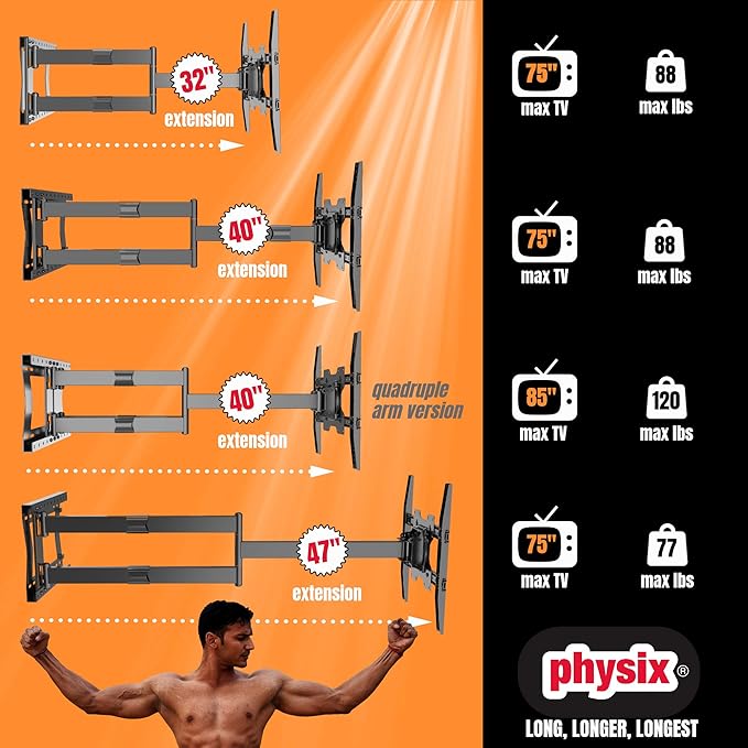 Physix 2100 Long arm TV Wall Mount for 32-75 Inch Screens Extra Long Extension up to 40 Inch Heavy-Duty TV Mount Holds up to 88 lbs Full-Motion, Swivels up to 180° Max. VESA 600x400, Black