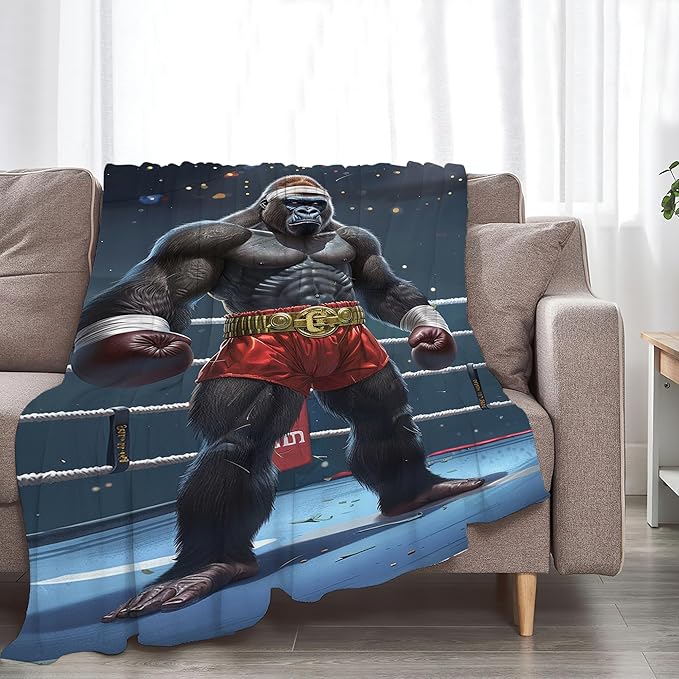 Gorilla Boxing Throw Blanket, 60"x50", Black, Microfiber, Heavyweight, Water Resistant, Perfect for Couch, Bed, Camping, Reading, Napping