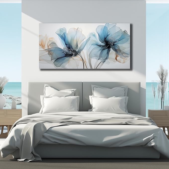 Floral Canvas Wall Art for Office Big Wall Decor for Bedroom Women Blue and White Wall Decor for Living Room Size 24 x 48 Inch