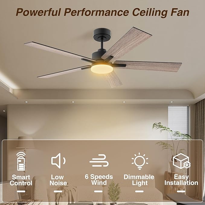 52” Smart Ceiling Fan with Lights Remote,Ultra Silent DC Motor,Control via Alexa Google Voice App WiFi,Outdoor Indoor Modern Ceiling Fans for Bedroom Patio Porch,Dimmable,Black Walnut Brown