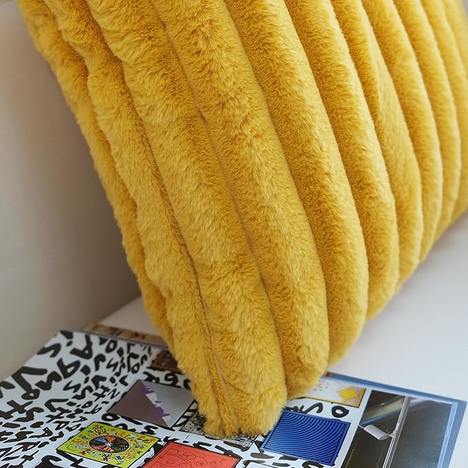 JOJUSIS Pack of 2 Faux Fur Plush Decorative Throw Pillow Covers Couch Cushion Case Soft Pillowcases (Mustard Yellow, 20 x 20-Inch)
