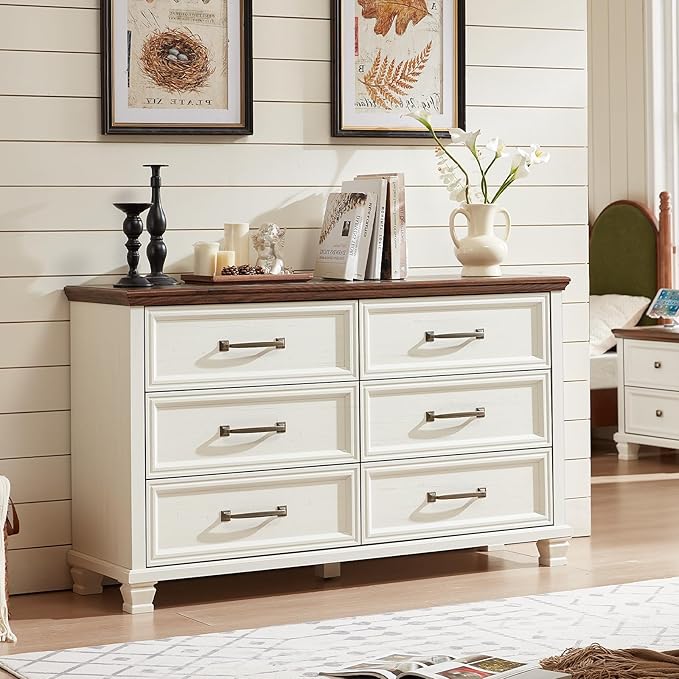 Farmhouse White 6 Drawer Dresser for Bedroom, 54 inch Wide Vintage Large Chest of Drawers with Square Wood Legs, Rustic TV Console for Living Room, Wooden Storage Closet Dressers for Home