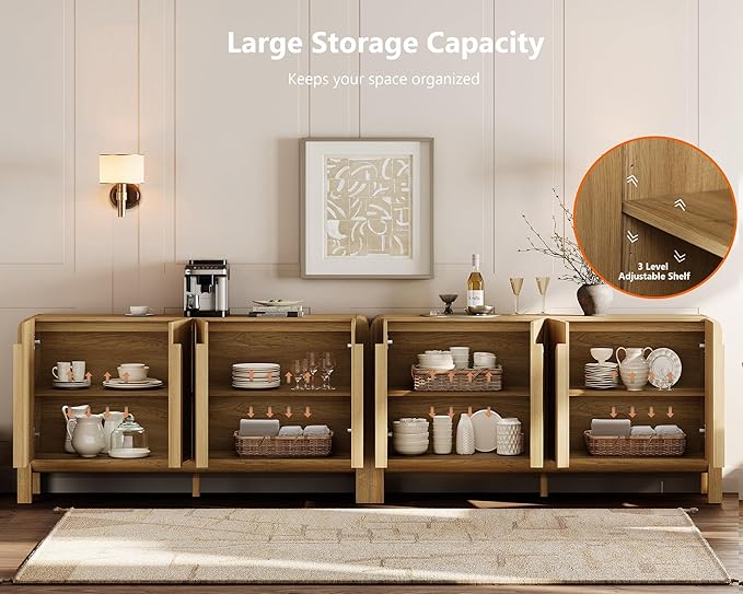 WAMPAT 126" W Large Buffet Sideboard Cabinet with Storages, Modern Buffet Table Coffee Bar Wine Bar Storage Curved Cabinet with 4 Doors for Dining Room, Living Room, Kitchen,Walnut