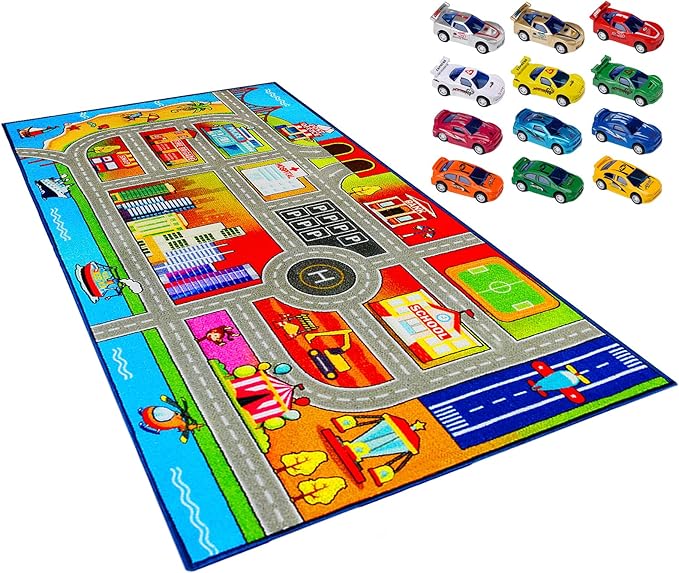 Booooom Jackson Kids Carpet Playmat with 12 Toy Cars for Age 3+ Colorful Non Slip City Rug for Kids Track Play Mat Playroom Bedroom Classroom Nursery