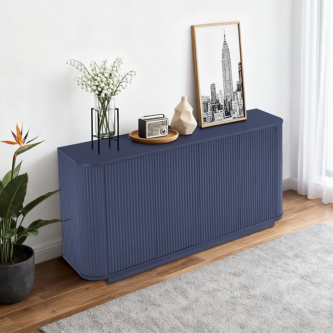 64" Sideboard Buffet Cabinet with Storage, Modern Fluted Accent Credenza with Adjustable Shelves, Wood Coffee Bar Console Table for Living Room Kitchen Dining Room Hallway, 31.5" H, Blue