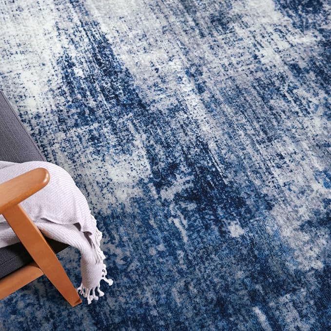 IOHOUZE Abstract Runner Rug 3x8 Ft Washable Runners for Hallways, Non Slip Kitchen Runner Printed Faux Wool Entryway Runner Indoor, Modern Abstract Floor Carpet for Hall Bedroom, Navy/Grey
