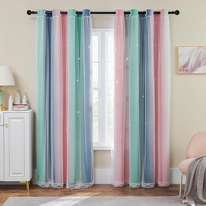 XiDi Pink Grey Girls Curtains for Bedroom, Childs Room Wall Decor Curtain, Nursery Blackout Curtains, Kids Bedroom Green Curtain 63 inchs Long 34 inches Wide 1 Panel