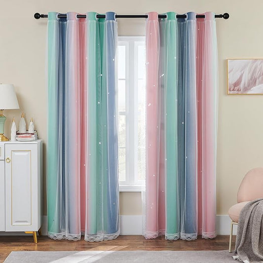 XiDi Pink Grey Girls Curtains for Bedroom, Childs Room Wall Decor Curtain, Nursery Blackout Curtains, Kids Bedroom Green Curtain 63 inchs Long 34 inches Wide 1 Panel