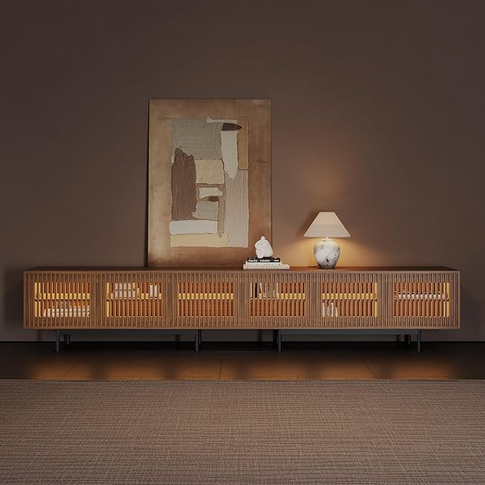 POVISON Fully Assembled Mid-Century Modern TV Stand with Slatted Doors, 118.11" Wood Media Console with LED Lights, TV Console with Tall-cast Metal Legs, Entertainment Center with Storage