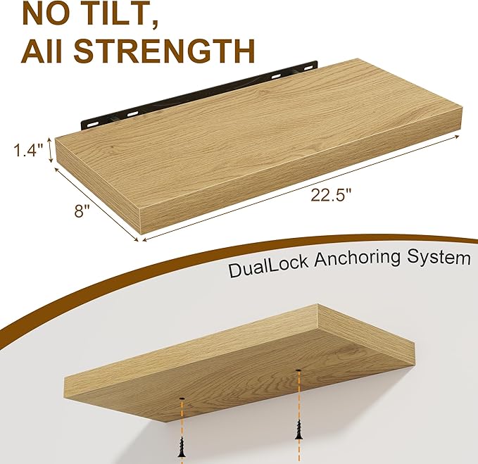 Floating Shelves for Wall, 22.5"W x 8"D Wall Shelf, Rustic Wood Floating Shelf 22.5 Inch Long, Bathroom Shelves Set of 2, 8 Inch Deep Floating Shelves for Living Room, Bedroom, Kitchen, Oak Color
