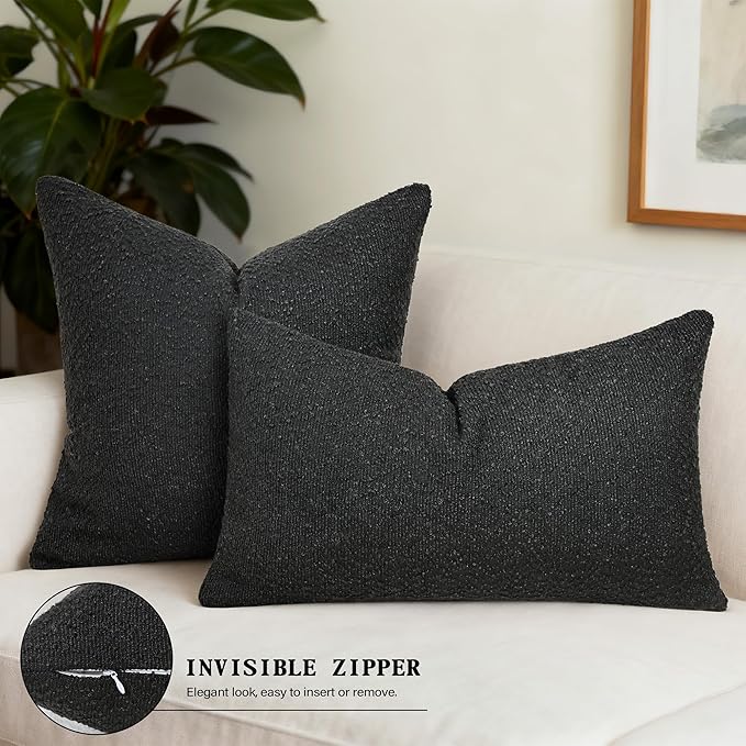 Textured Boucle Pillow Covers 18x18 Inch Set of 2, Striped Solid Pillowcases Cozy Soft Modern Accent Boho Square Decorative Throw Pillows for Couch Sofa Bed Living Room Home Decor, Black