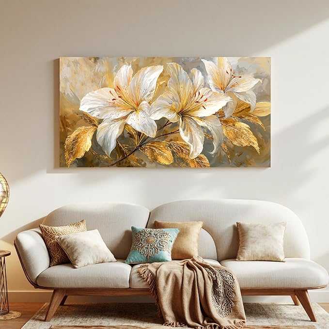 Canvas Wall Art Decor White Flower Pictures Wall Decor For Living Room Gold Botanical Wall Art Decor Modern Aesthetics Wall Art Paintings Prints For Home Bedroom Office Room Wall Decor 20×40 Inch