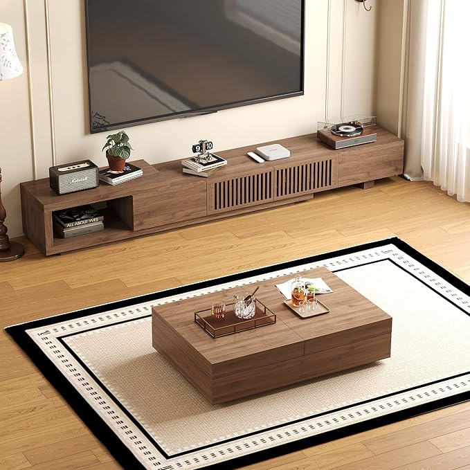 Mid-Century Modern TV Stand & Expandable Coffee Table Set, Walnut Finish, Stylish Storage Combo for Living Room or Bedroom (78.54“ to 103" TV Stand+Coffee Table)