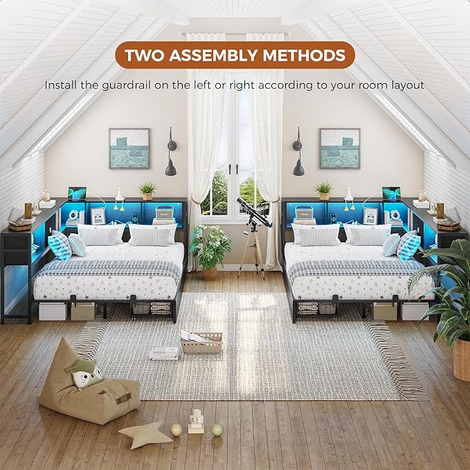 DICTAC Full Corner Bed Frame with Bookcase Storage and Led Lights Metal Platform Bed Frame Full Size with Storage Drawers & Charging Station Full Size Daybed for Teen/Adult,No Box Spring Needed,Black