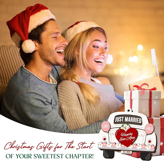 Wedding Gifts for Couples 2025, First Christmas Married Ornament 2025 - Just Married Wooden Ornament - Mr and Mrs Bridal Shower Gifts for Bride Newlyweds, Wedding Gift for Christmas Decorations