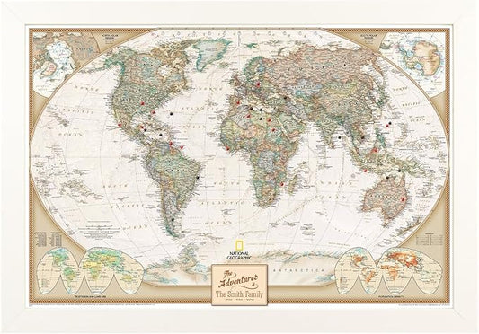 Canvas Executive World Map Pin Board – Framed Travel Map with Pins for Wall – Personalized Push Pin World Map for Tracking Journeys – 27.5" x 39.5" Textured White Frame