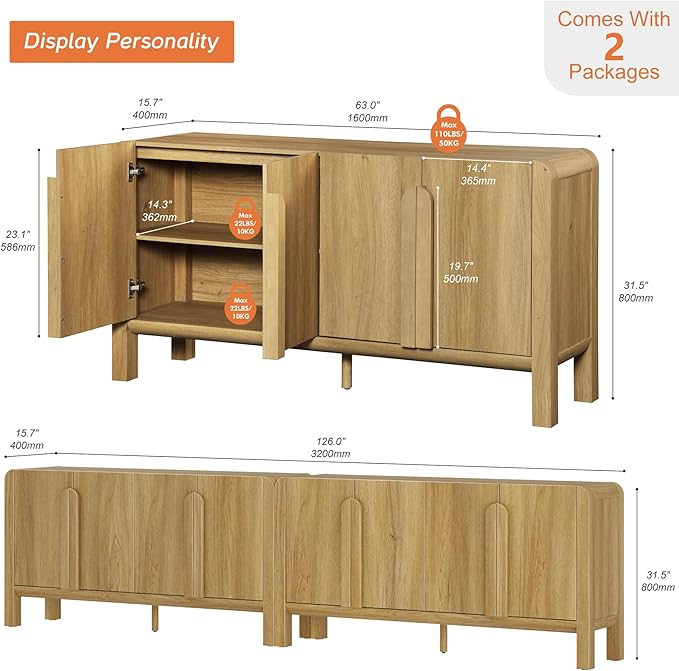 WAMPAT 126" W Large Buffet Sideboard Cabinet with Storages, Modern Buffet Table Coffee Bar Wine Bar Storage Curved Cabinet with 4 Doors for Dining Room, Living Room, Kitchen,Walnut