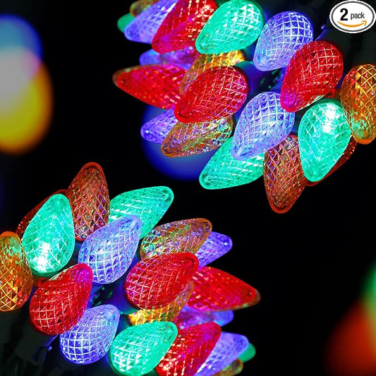 2-Set C7 Led Christmas String Lights, 25.16ft 50 LED Waterproof Decorative Light Strand, Extendable Green Wire String Lights for House, Christmas Tree, Patio, Party Decoration, Multicolor
