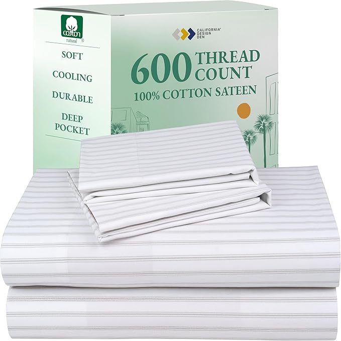 California Design Den King Size Sheet Set - 100% Cotton, 600 Thread Count, Deep Pocket King Sheets, Premium-Feel Bedding with Sateen Weave - Ticking Stripe Pattern