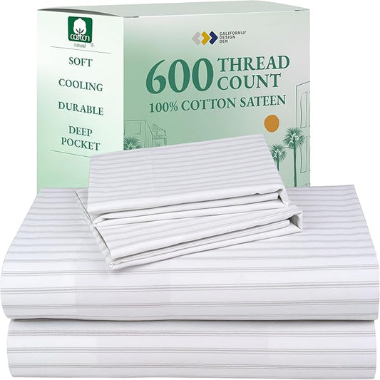 California Design Den King Size Sheet Set - 100% Cotton, 600 Thread Count, Deep Pocket King Sheets, Premium-Feel Bedding with Sateen Weave - Ticking Stripe Pattern