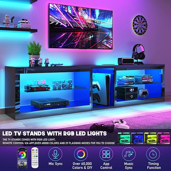 Vinctik 6&Fox 80in High Gloss LED TV Stands w/Power Outlet,60,000-Colors Lighting for 80 85 90inch TV,Modern Black LED Entertainment Center w/Adjustable Glass Shelves for Living Room