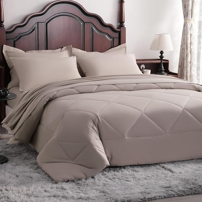 NTBAY King Comforter Set with Sheets, 7 Pieces Soft and Breathable King Bedding Set, Bed in a Bag, Down Alternative Comforter Set Solid Color All Season, King Bedding Set, Taupe