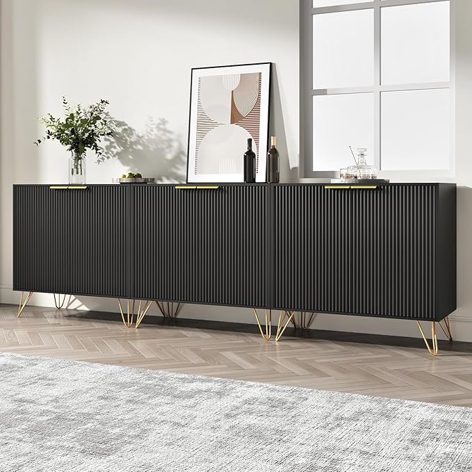 Fluted TV Stand for 90 Inch TV,Modern Black and Gold TV Stand,TV Console Entertainment Center with 3 Storage Cabinets,Adjustable Shelves & Gold Handles,Wood Media Cabinet for Living Room