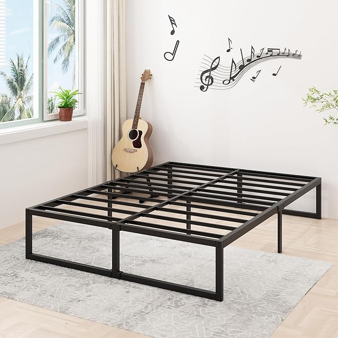 14 Inch King Bed Frame Sturdy Mattress Foundation, Heavy Duty Metal Platform with Steel Slats Support No Box Spring Needed, Noise Free, Easy Assembly, Black