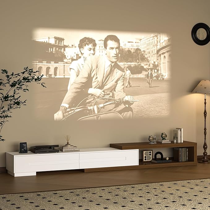 82-110" Extendable TV Stand, Wood Reversible Media Console with 2 Drawers, Modern Entertainment Center for Up to 120 Inch TV for Living Room Bedroom, White& Walnut