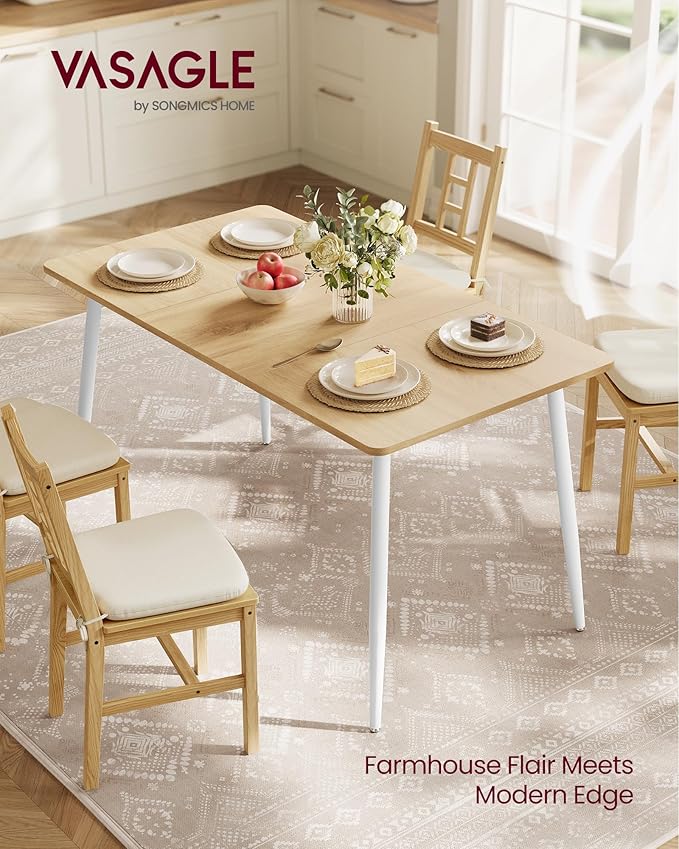 VASAGLE Dining Table, Dining Room Table for 4-6 People, Modern Farmhouse, for Kitchen, Quick Assembly, Heat-Resistant Surface, 29.5 x 55.1 x 29.5 Inches, Golden Oak and Cloud White UKDT100N01V2