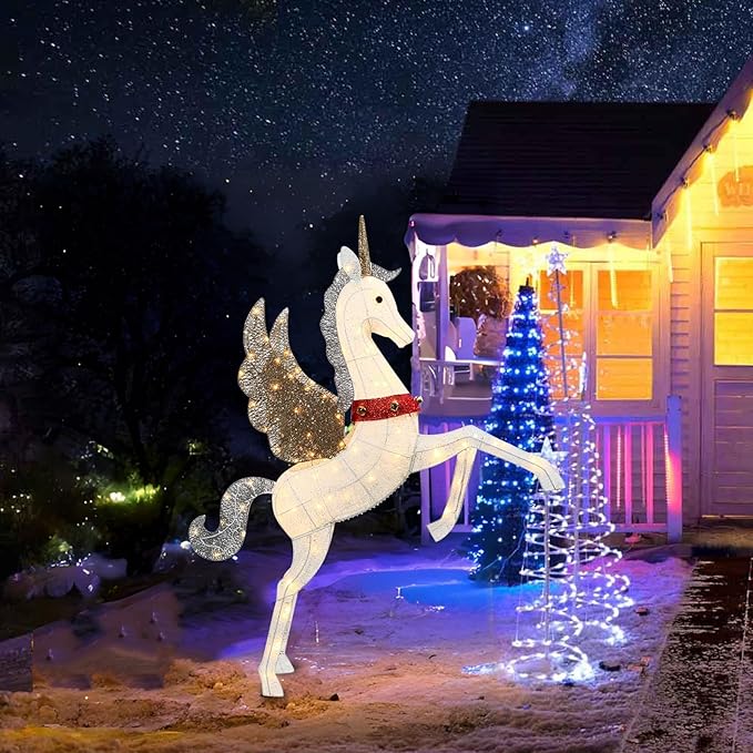 4.7ft Light Up Unicorn Christmas Decorations for Outdoor Indoor, 140 LED Lighted Yard Decoration with Waterproof Safe Material for Garden, Lawn, Party, Holiday, Ground Stakes Zip Ties, Plug and Play
