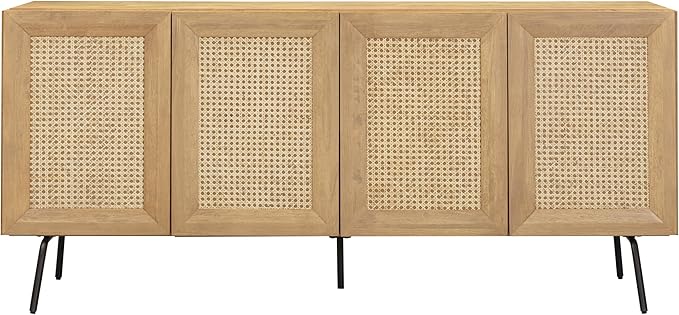 NTC MOSSIC Modern Sideboard with 4 Doors, Natural Rattan Storage Cabinet, Buffet with Metal Legs, Boho Accent Cabinet for Living Room, and Entryway, Effortless Assembly, Sand