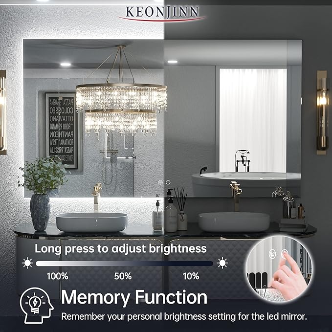 Keonjinn 48 x 28 Inch LED Bathroom Mirror with Backlit, Anti-Fog, CRI90+ HD Dimmable Vanity Mirror, High Lumen, Horizontal/Vertical Wall Mount, UL Listed Lighted Vanity Mirror, Waterproof