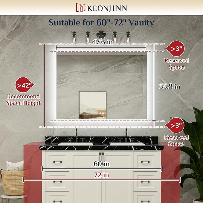 Keonjinn 48 x 36 Inch Backlit Mirror for Bathroom, Anti-Fog Led Mirror, CRI90+ HD Tempered Glass, Stepless Dimmable Lighted Mirror, High Lumen, UL Listed, Waterproof, Horizontal/Vertical