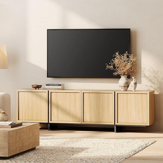 WAMPAT Modern TV Stand for 80 inch TV, Entertainment Center with 4 Door Closed Storage and T-Shaped Wood Legs, Media Console Cabinet for Living Room, Oak